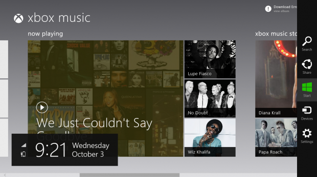 The Charms Bar in Xbox Music on Windows