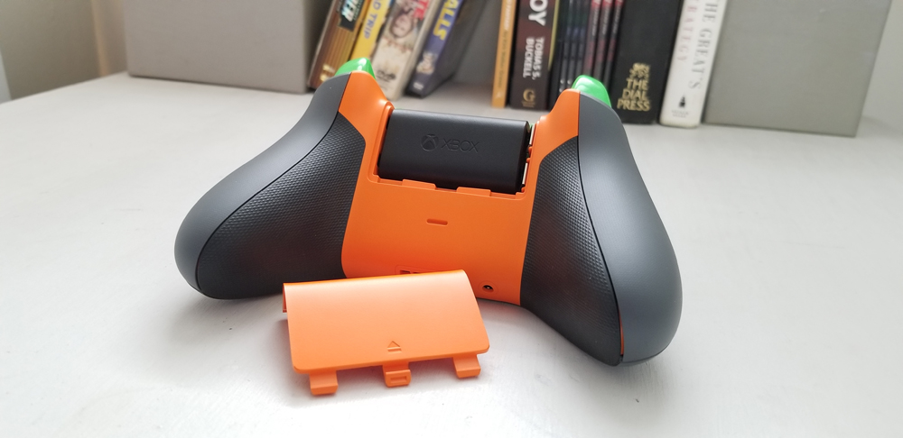 An Xbox Wireless Controller's battery compartment